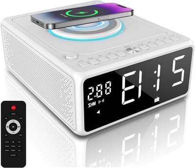 CD-speler Wekkerradio - Boombox Muzieksysteem - Muziek Luisteren - Draadloos Opladen - 21.5 x 17 x 8 cm - Wit