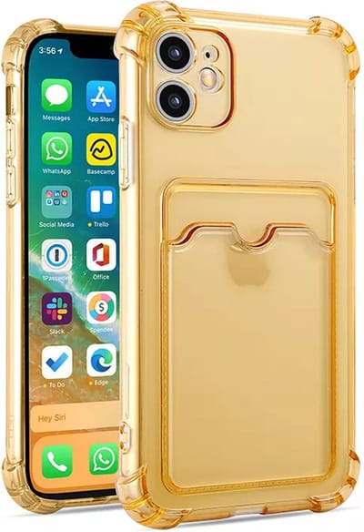 Anti Shock doorzichtig siliconen schokproef backcover met Pashouder - telefoonhoesje met vakje voor pasje - Geschikt voor Appel iPhone 12 - Goud/Transparant