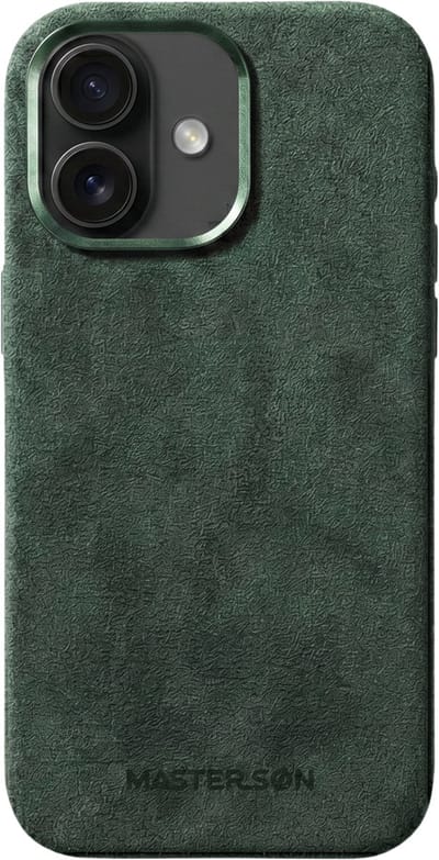 Mastersøn - Groen Telefoonhoes geschikt voor Apple iPhone 16 Plus – Alcantara Case – Magsafe - Hoesje - Emerald Green