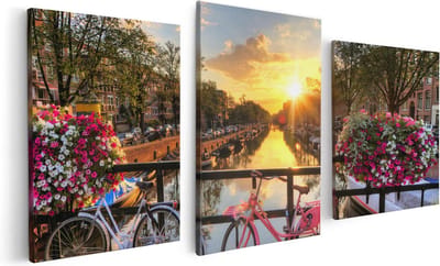 Artaza Canvas Schilderij Drieluik Amsterdamse Brug Met Zonsopgang - 120x60 - Foto Op Canvas - Canvas Print