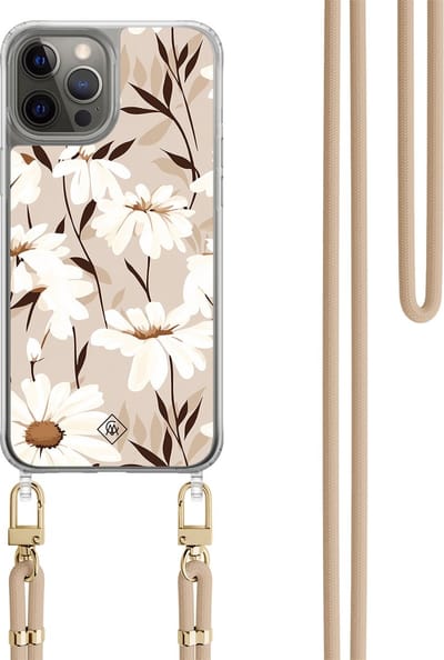 Casimoda® hoesje met beige koord - Geschikt voor iPhone 12 Pro - In Bloom - Afneembaar koord - TPU/polycarbonaat - Bruin/beige