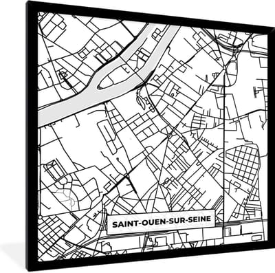 Fotolijst incl. Poster Zwart Wit- Kaart - Stadskaart - Saint-Ouen-sur-Seine - Frankrijk - Plattegrond - Zwart wit - 40x40 cm - Posterlijst