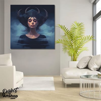 DREAM LADY: 100x100cm Plexiglas. Decoratie - Modern - Blauw - Dromen - Vrouw - Wolken - Portret