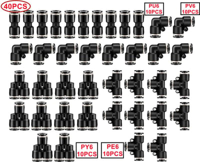 Dailygoods- Fittingen 40 Stuks - Pneumatische Armaturen - T-vorm/Elleboog/Y-tak/Recht - Eenvoudige Installatie - Goede Afdichting - Sterk Kunststof Materiaal - Pneumatische Verbindingen