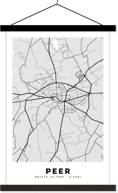 Posterhanger incl. Poster 40x60 cm - Schoolplaat - België – Peer – Stadskaart – Kaart – Zwart Wit – Plattegrond - Textielposter - Zwarte latten - Stadskaart