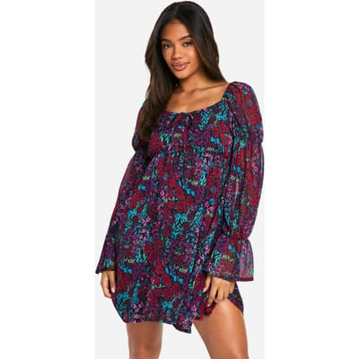 boohoo Dames Bloemen Crinkle Chiffon Lange Mouwen Smockjurk | Maat: 36