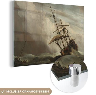MuchoWow® Glasschilderij 60x40 cm - Schilderij acrylglas - Een schip in volle zee bij vliegende storm - Schilderij van Willem van de Velde - Foto op glas - Schilderijen