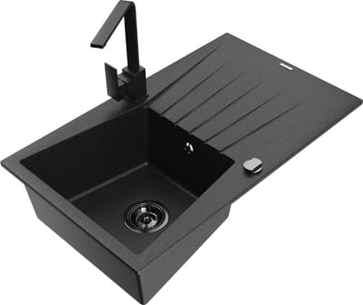 Mexen Cesar granit gootsteen 1-komor met afdruiprek en keukenkraan Rita, zwart/zilver metallic - 6514-73-670300-70-B