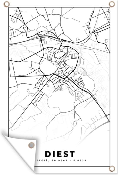 Muurdecoratie Kaart – Plattegrond – Stadskaart – Diest – België – Zwart Wit - 120x180 cm - Tuinposter - Tuindoek