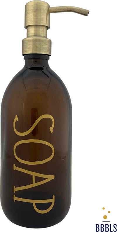 BBBLS® Design Dispenser "Soap" | Bruin Glas | 500ml | RVS / Metaal Pomp Goud | Zeeppomp | Zeepdispenser | Zeephouder