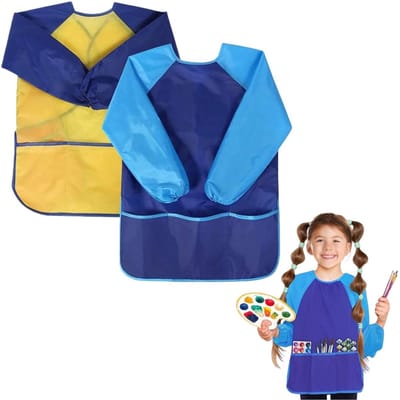2 stuks - Kinderschorten - Waterdichte schilderschort - Multifunctionele kinderschort -Lange mouwen - Met 3 zakken - Waterdicht en vlekbestendig - Gemakkelijk te wassen - Blauw en Geel - Voor knutselen, schilderen, koken, bakken