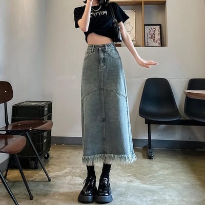 Lente en Zomer Midilengte A-lijn Split Bedekt de Heupen en Laat Je Slanker Lijken Denim Kwastjes Rok XXL