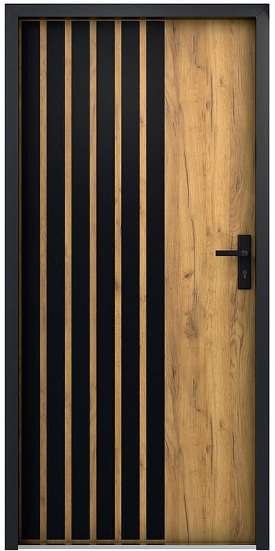 Vente-unique Massieve stalen voordeur, 207 cm hoog x 100 cm breed, eikenhoutlook met zwarte strepen - 68 mm dik - linksdraaiend - COBRITA