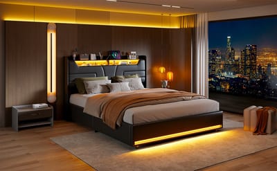 Tweepersoonsbed 140x200cm, hoofdbord met USB, hoofdbord en voeteinde met LED, opbergruimte onder het bed, gasveerfunctie, zwart