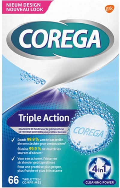 Corega Triple Action Reinigingstabletten voor gebitsprothese (3 x 66 stuks)