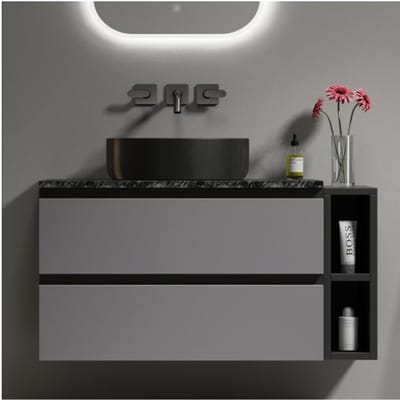 Meuble sous-vasque suspendu - MUVOE - Design moderne - 80 cm - Vasque céramique noire - Tiroirs gris