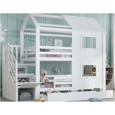 ModernLuxe Stapelbed 90x200cm - met 2 lades - trap met opbergruimte - met ramen en dak - Massief hout + MDF - Wit (zonder matras)