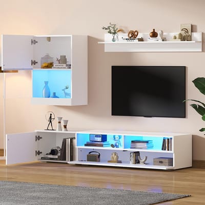 Pugsdrly TV-wandmeubel (175x39x34 cm, compleet set, 3-delig) met vitrine, staande en wandplank. Inclusief LED-verlichting en glanzende afwerking. Geschikt voor TV's tot 80 inch, voor plaatsing of ophangen, kleur wit.
