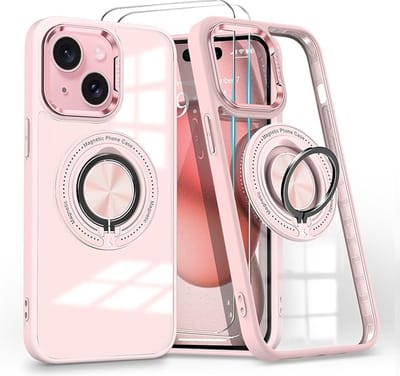 Hoesje Geschikt voor iPhone 15 Arara hoesje voor Magsafe Transparant hard case - kickstand Draaibare Ring Houder met 2 Stuks screenprotectors - Rosegoud