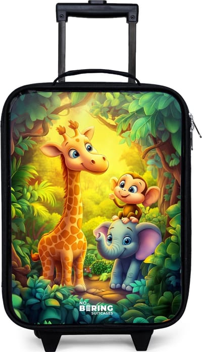NoBoringSuitcases.com® - Kinderkoffer jongen - Kindertrolley meisje - Giraf, olifant en aapje in het bos - Koffer kind lichtgewicht - Reiskoffer trolley voor kinderen - Koffertje met lichtgevende wieltjes - Rolkoffer zwart
