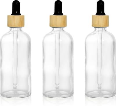 Set van 3 Lege Duidelijke Glazen Flessen van 100ml met Bamboo Druppelaars voor Essentiële Olie en Serums, Ideaal voor Reizen en Opslag