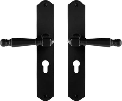 Deurkruk op schild - Smeedijzer zwart - Gietijzer - GPF - GPF6210.60 smeedijzer zwarte Deurklink Mela op PC55, 238x41x4mm