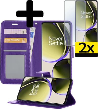 Hoesje - Met 2x Screenprotector - Geschikt voor OnePlus Nord CE 3 Lite - Luxe Pasjeshouder - Bookcase Portemonee - Flip Case - Kunstleer Book Case - Flipcase Hoes - Book Cover - Walletcase - Portemonneehoes - Telefoonhoesjes - Paars