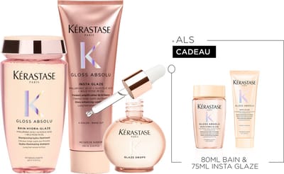 Kérastase Gloss Absolu Anti-Frizz Trio + 2 Cadeaus - Shampoo 250ml & Conditioner 250ml & Glaze Drops Haarolie 45ml + Shampoo 80ml & Conditioner 30ml cadeau - Voor Lang Haar Gevoelig voor Pluis - Met Hyaluronzuur