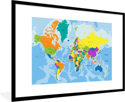 Poster in lijst - Fotolijst 120x80 cm - Posters - Wereldkaart - Kleuren - Letters - Kinderen - Jongens - Meisjes - Posterlijst zwart - Decoratie - Wanddecoratie woonkamer - Muurdecoratie slaapkamer