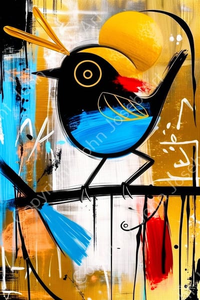 John Joseb Art (Aluminium) 120x80 | Vogel op een tak, abstract, Herman Brood stijl, kunst, dier, goud, brons, bruin, rood, blauw, modern | foto-schilderij op dibond, metaal wanddecoratie