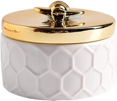 Keramische Sieradendoos - Doosje met deksel - Juwelen Opbergen - Bijenmotief Decoratie - 75 x 78 mm - Wit Goud