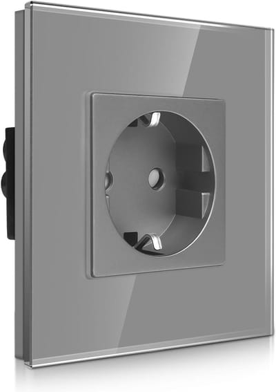 CNBINGO Single Socket with Tempered Glass, Grey, Schuko Socket with Child Safety, 16 A, with Glass Frame