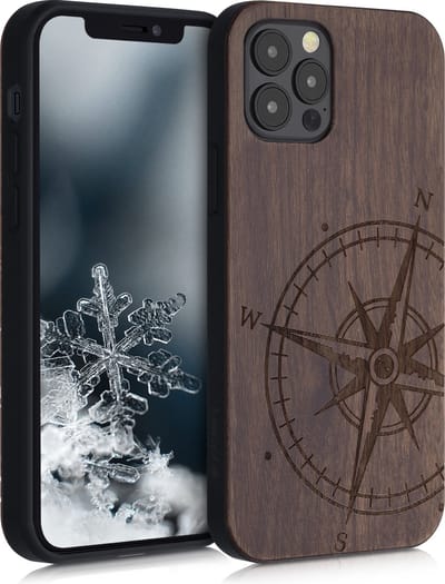 kwmobile telefoonhoesje geschikt voorApple iPhone 12 / iPhone 12 Pro - Hoesje met bumper - hout - In donkerbruin Vintage Kompas design