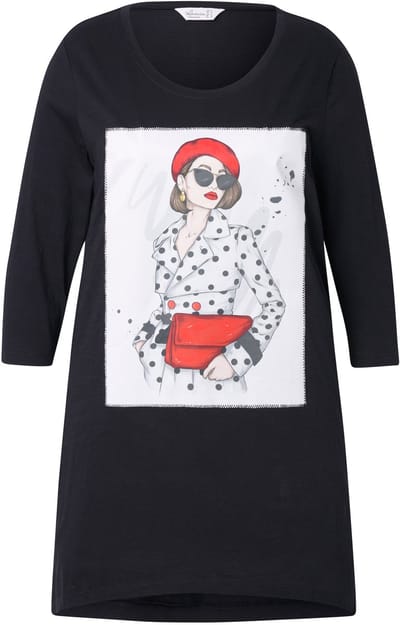 MIAMODA - Dames - T-shirt A-lijn fotomodelmotief puntzoom - Zwart - Maat 44