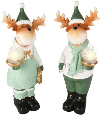Dekoratief | Rendier staand m/boompje, groen/wit, resina, LED, 12x8x26cm, set van 2 stuks | A255086