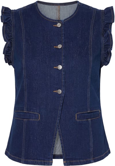 Angel of Style - Dames - Denim bodywarmer stretchdenim ruches op de schouders - Donkerblauw denim - Maat 48