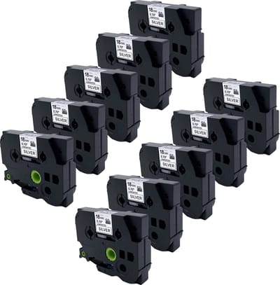DULA Brother Compatible label tape- Tze-941 - 10 cassettes - Brother P-Touch - Zwart op zilver - 18mm x 8m