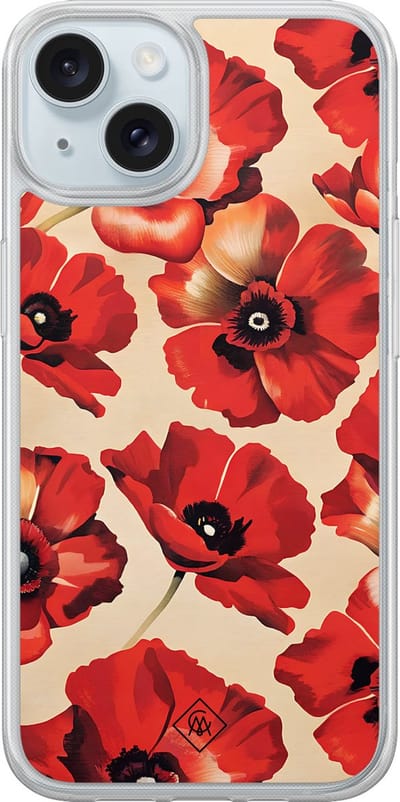 Casimoda® hoesje - Geschikt voor iPhone 15 - Poppy Garden - 2-in-1 case - Schokbestendig - Bloemen - Verhoogde randen - Rood, Transparant