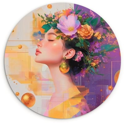 WallCircle® Wandcirkel 120x120 cm - Muurcirkel Abstract - Vrouw - Bloemenkroon - Goud - Muurdecoratie woonkamer - Wanddecoratie slaapkamer - Kamer decoratie accessoires - Ronde schilderijen XXL