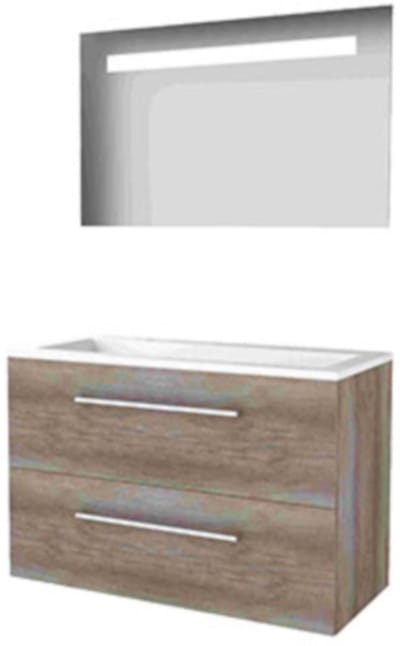 Basic-Line Economic 46 Badkamermeubelset - 100 x 46 cm - Met Grepen - 2 Lades - Acryl Wastafel - 2 Kraangaten - Spiegel met LED Verlichting - Scotch Oak