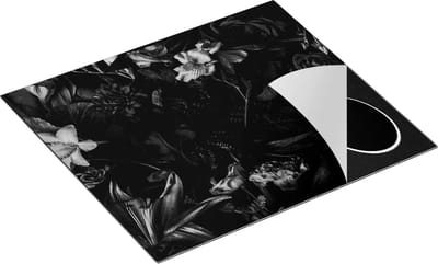 Chefcare Inductie Beschermer Kleurrijke Bloemen met Groene Bladeren - Zwart Wit - 60x50 cm - Afdekplaat Inductie - Kookplaat Beschermer - Inductie Mat