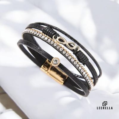 Leerella Stijlvolle Multi-Color Leather Infinity Armband - Zwart 19 cm