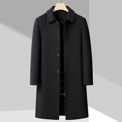 Nieuwe High-end Wollen Jas Heren Lang Winter Nieuwe Revers Dons Voering Middelbare Leeftijd en Oudere Wollen Wollen Jas 4XL zwart