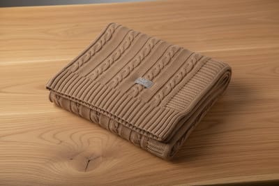 Deken en muts van merino wol - visgraat - Licht Bruin - 3-6 maanden - 75x95 cm