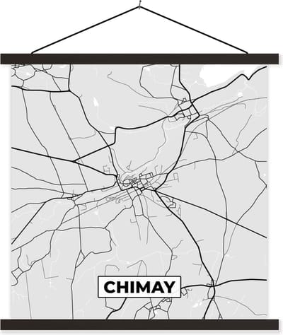 Posterhanger incl. Poster 60x60 cm - Schoolplaat - België – Chimay – Stadskaart – Kaart – Zwart Wit – Plattegrond - Textielposter - Zwarte latten - Stadskaart