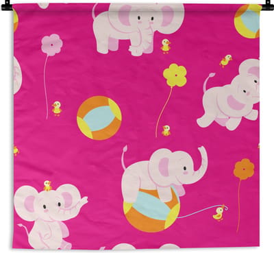 Wandkleed - Wanddoek - Olifant - Bloemen - Patronen - 90x90 cm - Wandtapijt