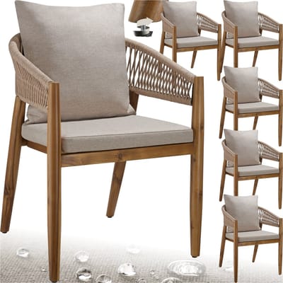 tectake® Set van 6 Tuinstoelen Manacor - Houten Tuinstoel in Rope-Design - Balkonset - Weerbestendige Buitenstoel van Gelakt Acaciahout - Zandkleur - 59 x 58 x 76,5 cm - Stoelen voor Tuin, Balkon, Terras