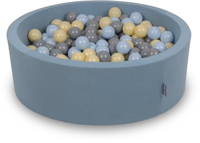 KiddyMoon Ronde Ballenbak Baby 90x30cm 200 Ballen - Ballenbad Sensorisch - Wasbare Hoes - Blauw: Pastelblauw Pastelgeel Grijs