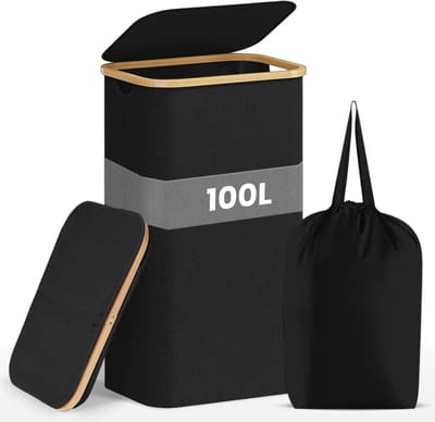 Nolad - Wasmand - Wasmand met deksel - Uitneembare waszak - Opvouwbaar - 100L - Zwart