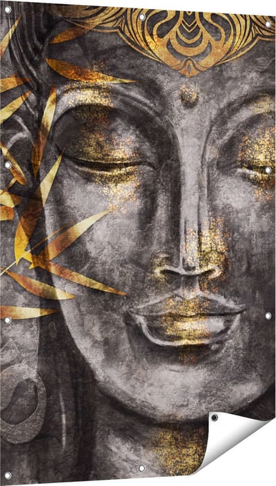 Gards Tuinposter Gouden Boeddha van Aquarel - Abstract - 80x120 cm - Tuindoek - Tuindecoratie - Wanddecoratie buiten - Tuinschilderij